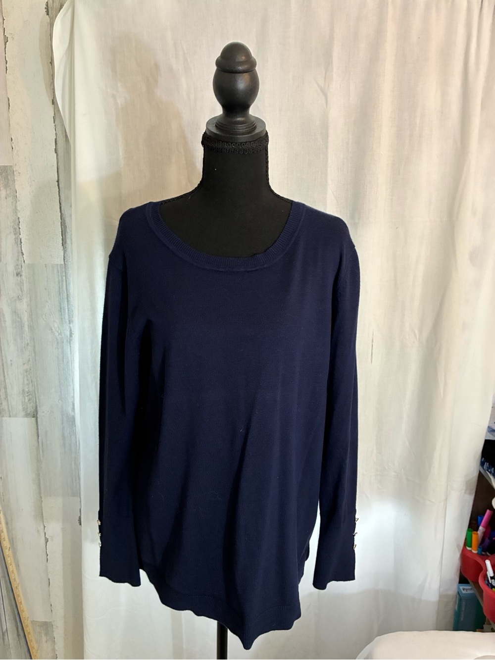 Women's Navy Crewneck Button-Cuff Sweater